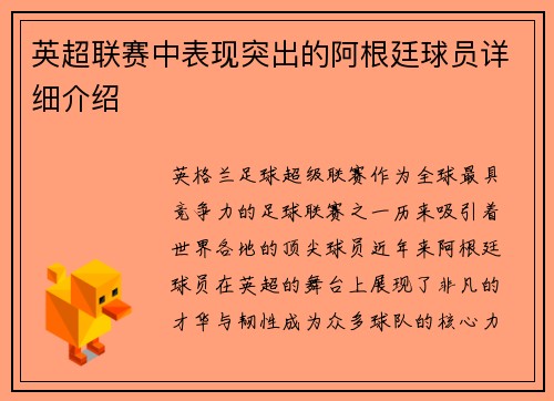 英超联赛中表现突出的阿根廷球员详细介绍