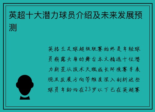 英超十大潜力球员介绍及未来发展预测